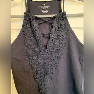 American Eagle Outfitters- Navy Blue Snap-bottom Halter-Style Bodysuit with Lace